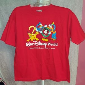 Vintage Walt Disney World Kids Red Shirt Mickey Donald Duck Pluto Goofy Size XL